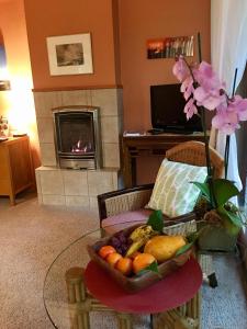 沃尔卡诺火山口别墅的带壁炉的客厅里的桌子上放一碗水果