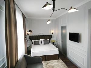 加格拉Boutique Hotel Apsuana Rose的一间卧室配有一张床、一张沙发和一台电视。