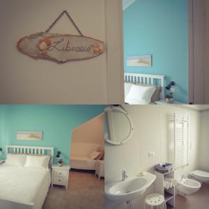 吉诺萨滨海B&B La Rosa dei Venti的卧室两张照片,配有一张床和一个水槽