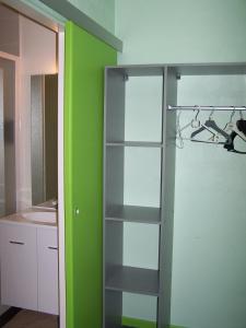 Vallon-en-Sullyle lichou的玻璃架在浴室内,有绿色的墙壁