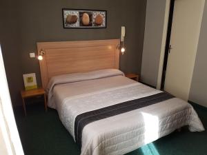 罗德兹Logis Hôtel du Midi - Rodez Centre-Ville的一间卧室配有一张大床和木制床头板