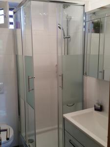 亚琛费里茵沃那根特里埃贝尔斯酒店的一间带玻璃淋浴和水槽的浴室