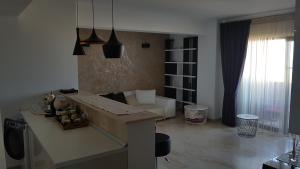 康斯坦察Cristian Apartment的厨房以及带沙发和桌子的客厅。