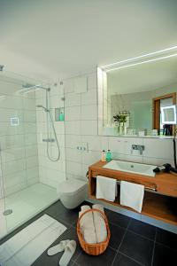 弗罗伊登施塔特格鲁纳森林酒店的带淋浴、盥洗盆和卫生间的浴室