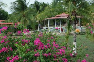 利比里亚阿瑞纳酒店的一座种有粉红色花卉和凉亭的花园