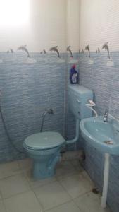 大吉岭Green Tara Residency的浴室设有蓝色的卫生间和水槽。