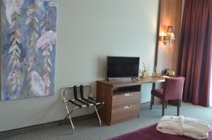巴特朗根萨尔察Sante Royale Hotel- & Gesundheitsresort Bad Langensalza的酒店客房配有书桌、电视和椅子