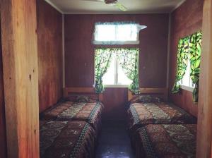 努库阿洛法The Village Backpackers的带2扇窗户的客房内的2张床