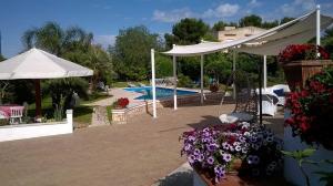 马鲁焦B&B Le Vele的庭院设有游泳池、白色遮阳伞和鲜花
