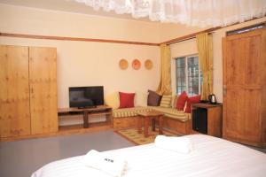 坎帕拉Kampala Forest Resort - KFR Lodge的一间卧室配有一张床、一台电视和一张沙发