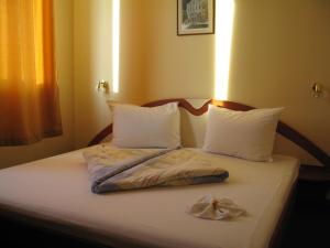 鲁塞法米莉亚家庭酒店的一张带两个枕头的床和一张靠背的床