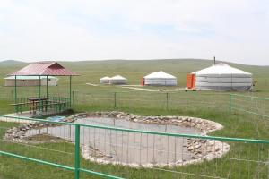 NalayhNomad Horse Camp的围栏旁的一块田野里的一组帐篷
