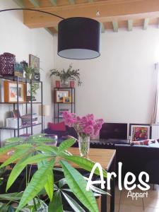 阿尔勒阿尔勒历史中心公寓的一间设有花瓶桌子的房间