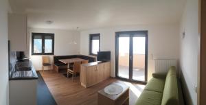 拉古多Residence Vellauerhof的客厅配有绿色沙发和桌子