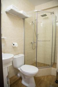 阿德勒Hotel V&V的带淋浴、卫生间和盥洗盆的浴室