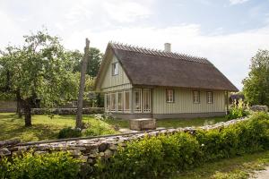 KuivastuHansi Puhkemaja的一座带石墙的绿色小房子