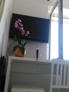 科尔丘拉卡提卡旅馆的坐在桌子上带花的电视机
