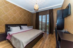 泰拉维Hotel New Telavi的一间卧室配有一张床、一张书桌和一台电视