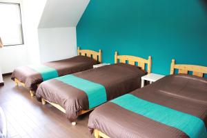 恩纳高知博雅山林小屋的带绿色墙壁的客房内的三张床