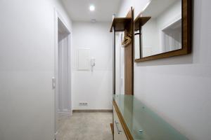 柏林法米连斯迪欧27号公寓的一间带玻璃台面和镜子的浴室