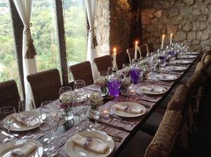 埃普塔罗弗斯Teresa Country Lodge的一张长桌子,上面放有盘子和酒杯