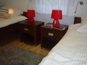 乌斯特卡Domki Zacisze的一间卧室配有两张床和两盏台灯。