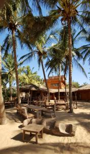 姆布尔Tama Lodge的海滩上的一群长椅和棕榈树