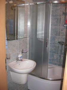 巴尼亚科维利亚查Apartment Bogdan的带淋浴、盥洗盆和卫生间的浴室