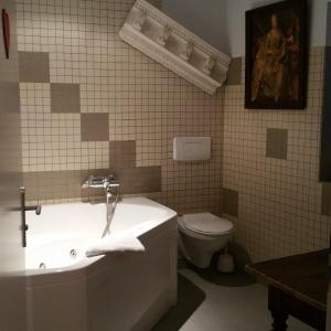 奥贝奈Chambres touristiques La Cour Des Hôtes的带浴缸、卫生间和盥洗盆的浴室
