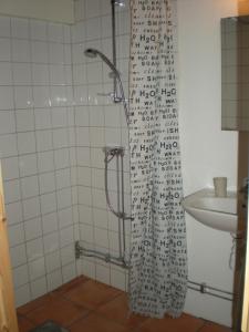 BorrbyOla-Nils Gård的一个带水槽的浴室内的淋浴帘