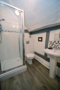 汉普顿茵雅顿白狮旅馆的带淋浴、卫生间和盥洗盆的浴室