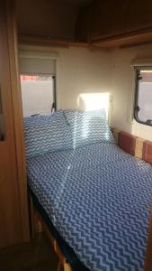 蒂纳霍Caravan Apartment的蓝色棉被的床上