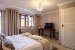 比勒陀利亚La Vida Luka - Luxury Guesthouse的一间卧室配有一张床、一张书桌和一个窗户。
