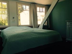 库万Gite La Cigogne的一间卧室设有绿色的床和2个窗户。