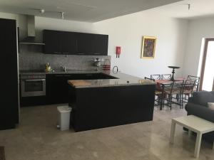 希法Apartment in Jebel Sifah的一间厨房、黑色橱柜和一间客厅