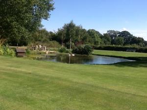 克拉德韦尔Gardeners Cottage的草场上带池塘和长凳的公园