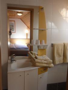 当巴克拉维尔胡尔曼尚布勒酒店的一间带水槽和镜子的浴室以及一张床