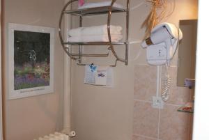 Moulins-la-Marche海豚酒店的浴室配有吹风机和墙上的毛巾