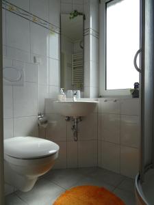 卡塞尔Ferienwohnungen Damm的一间带卫生间、水槽和镜子的浴室