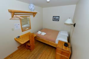道森市邦克豪斯酒店的一间小卧室,配有一张床和镜子