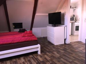 汉堡Sleep in Hamburg St. Pauli的一间设有红色床和平面电视的小卧室