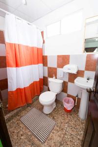 拉利伯塔德Papaya Lodge的一间带卫生间和水槽的浴室