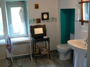 BuxyChambres d'hôtes la Graineterie的一间带卫生间、水槽和镜子的浴室