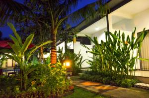 努沙杜瓦巴厘岛棕榈园酒店的花园,晚上种有植物和棕榈树