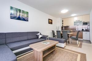 萨格勒布Apartment Nova Cesta 62的带沙发和桌子的客厅以及厨房。