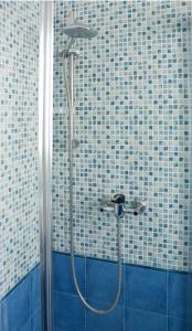 利多康奇耶Appartamento La Vela的浴室铺有蓝色和白色瓷砖,设有淋浴。