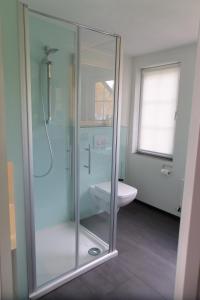杜塞尔多夫格里旅馆的一间带玻璃淋浴和卫生间的浴室