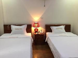 Dũ Lộc泰发酒店的一间卧室配有两张床和床头灯。