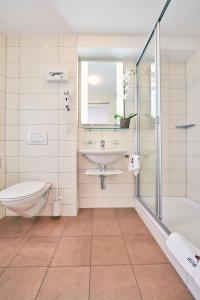 菲斯普伊里特酒店的一间带水槽、卫生间和淋浴的浴室