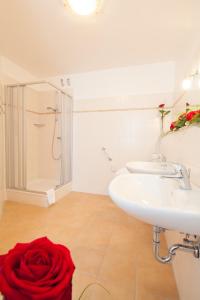 巴特哈尔茨堡维多利亚酒店的浴室设有两个水槽,地板上有一朵红玫瑰